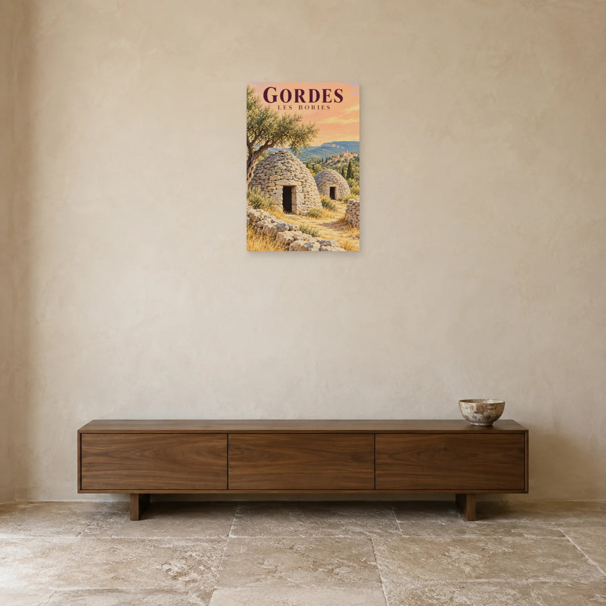 Affiche Gordes Bories en pierre sèche dans une entrée ou un couloir - Art Virtuoso