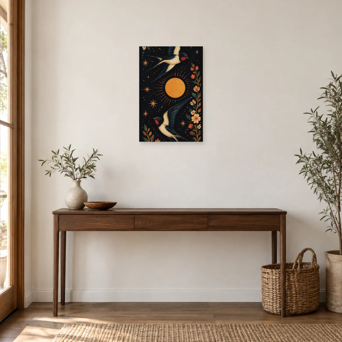Affiche Hirondelles autour du soleil bohème dans une entrée ou un couloir - Art Virtuoso