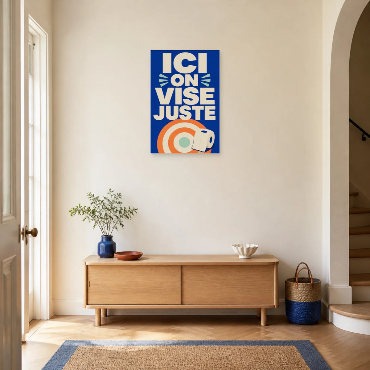Affiche Ici on vise juste – Humour WC dans une entrée ou un couloir - Art Virtuoso