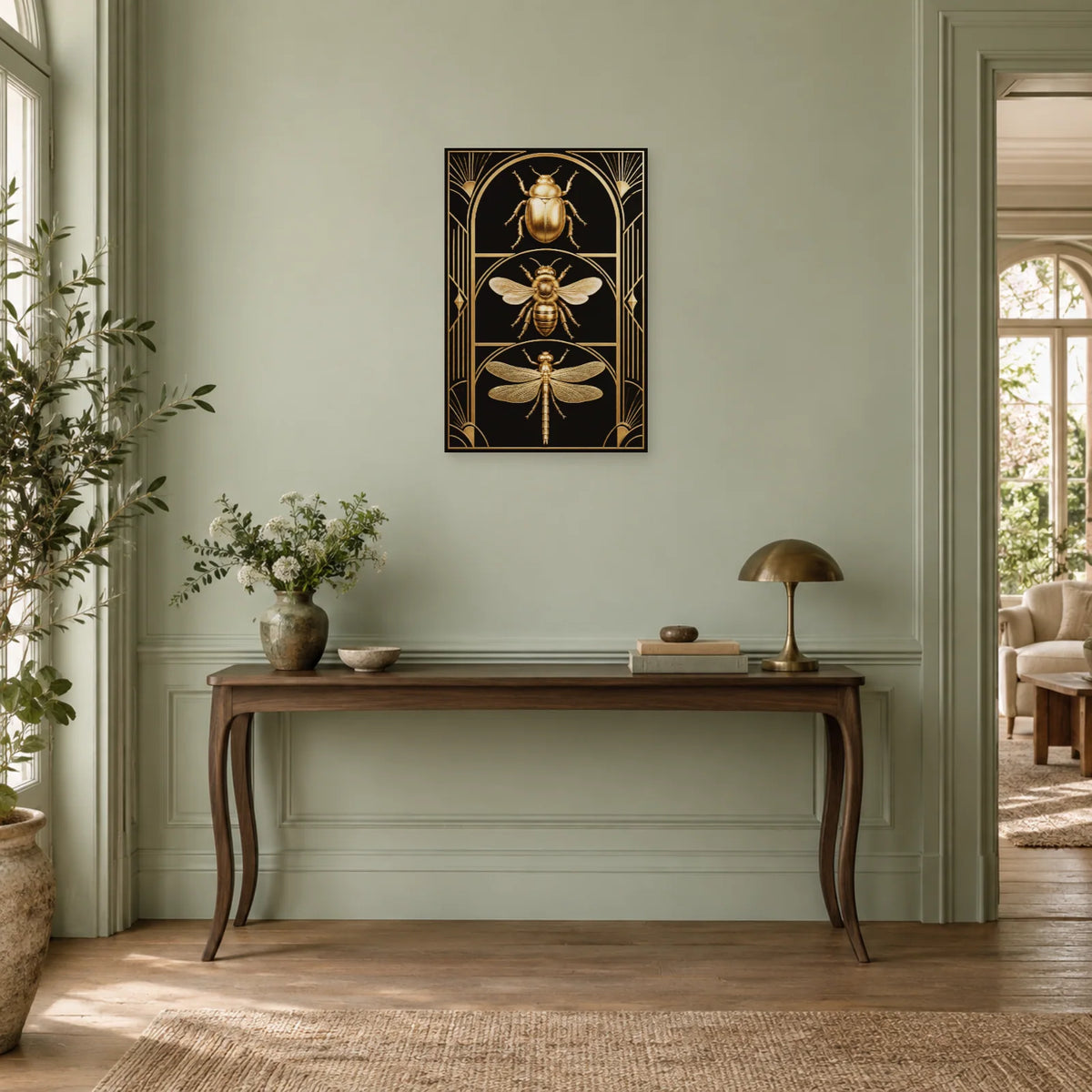 Affiche Insectes dorés – Géométrie noire dans une entrée ou un couloir - Art Virtuoso