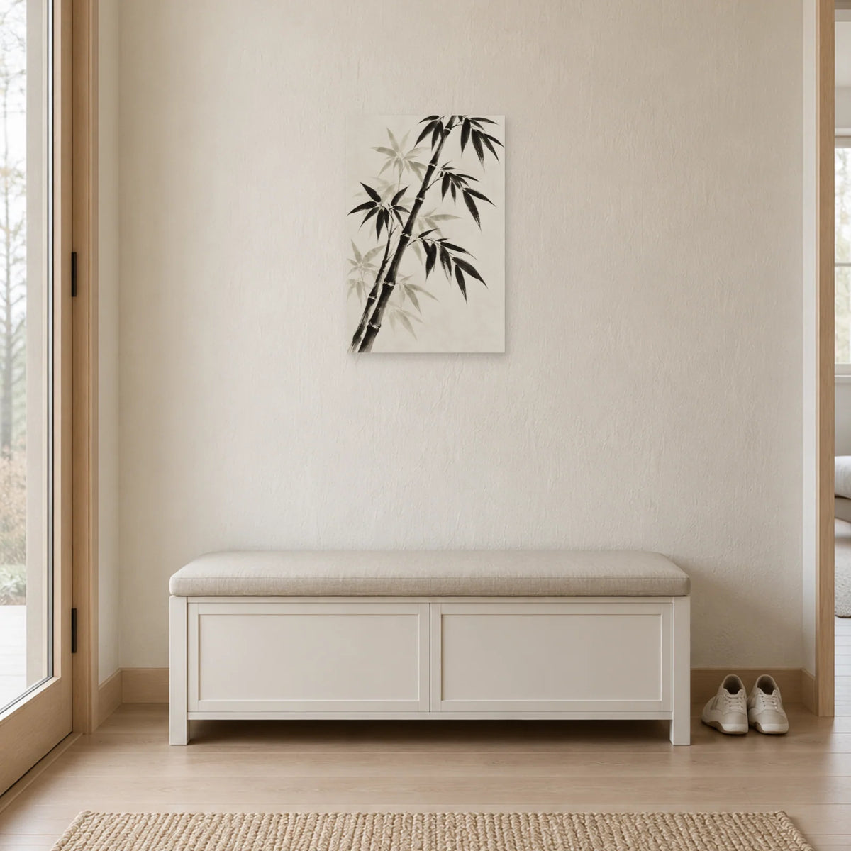 Affiche Japandi Bambou à l'encre diagonale dans une entrée ou un couloir - Art Virtuoso