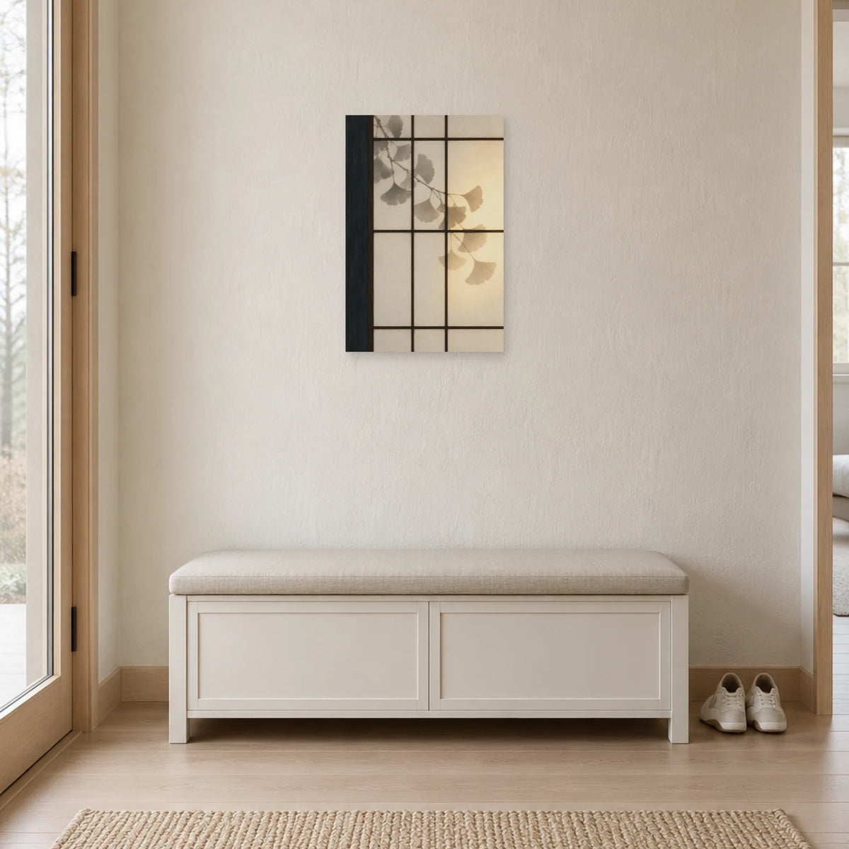 Affiche Japandi Shoji et ombre de feuille dans une entrée ou un couloir - Art Virtuoso