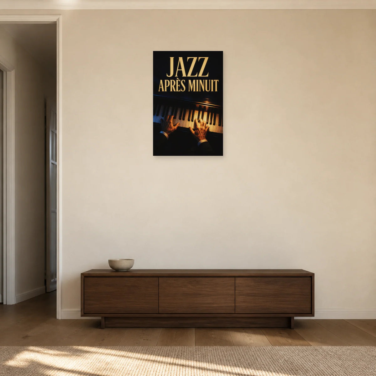 Affiche Jazz et piano – Après minuit dans une entrée ou un couloir - Art Virtuoso