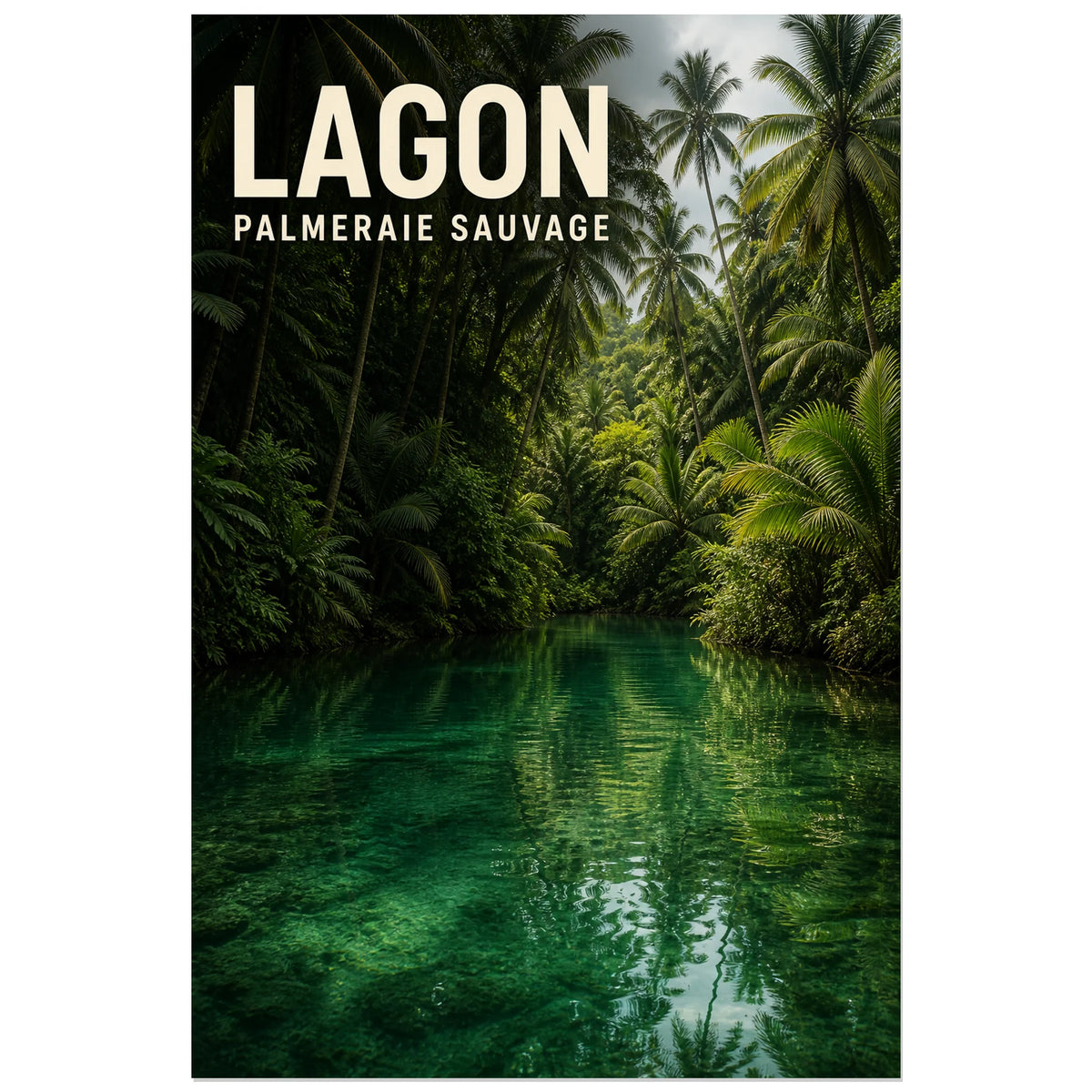 Affiche Lagon – Palmeraie sauvage, photographie de paysage tropical immersive et naturelle verticale, format 60 × 90 cm