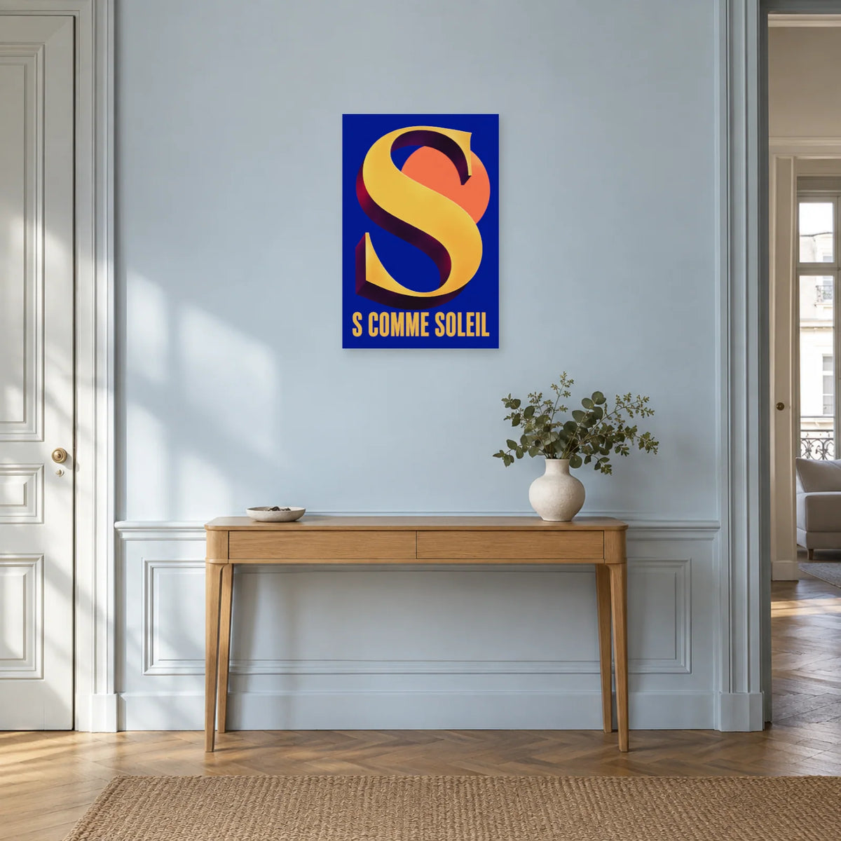 Affiche Lettre S, soleil en mouvement dans une entrée ou un couloir - Art Virtuoso