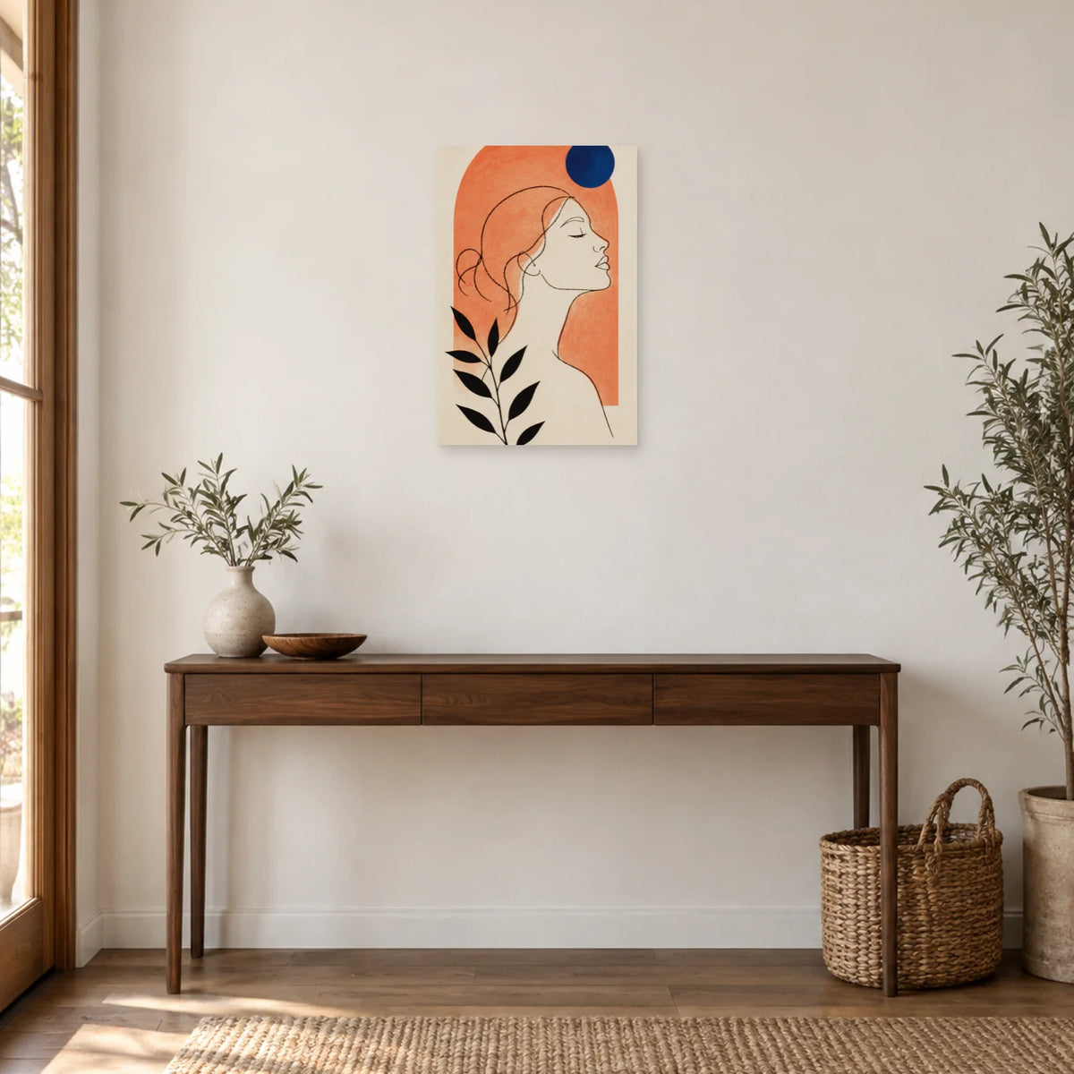 Affiche Femme bohème en line art sous une arche dans une entrée ou un couloir - Art Virtuoso