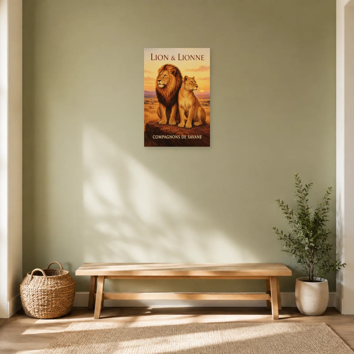 Affiche Lion et lionne, compagnons de savane dans une entrée ou un couloir - Art Virtuoso
