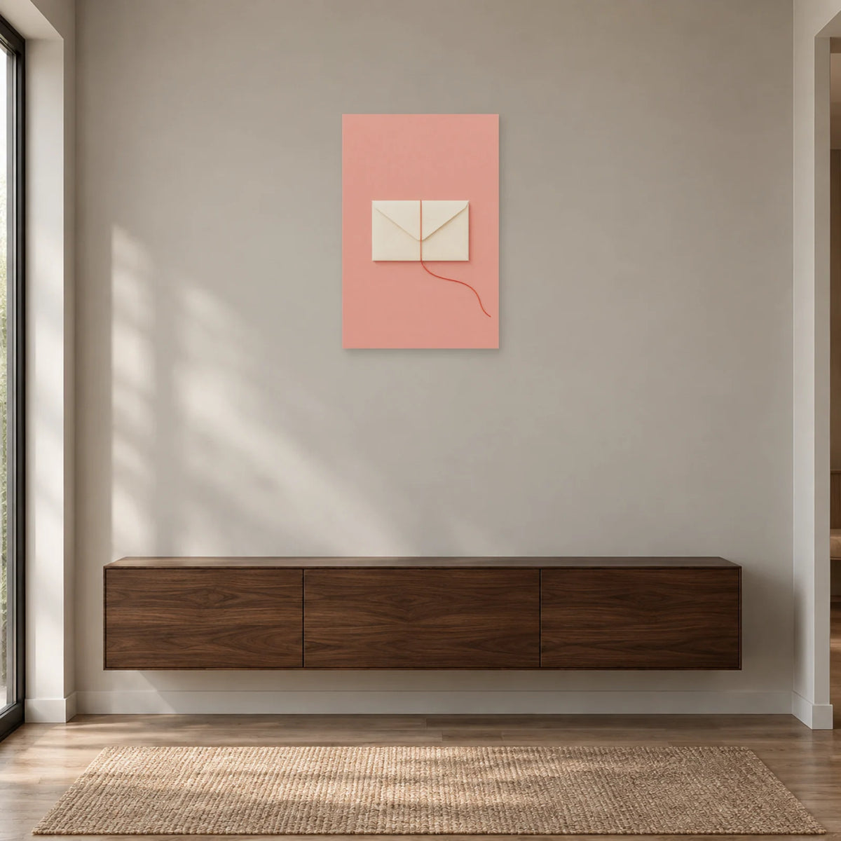 Affiche minimaliste - Enveloppe au fil rouge dans une entrée ou un couloir - Art Virtuoso