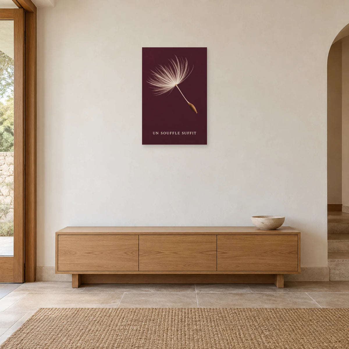 Affiche minimaliste - Graine de pissenlit en envol dans une entrée ou un couloir - Art Virtuoso