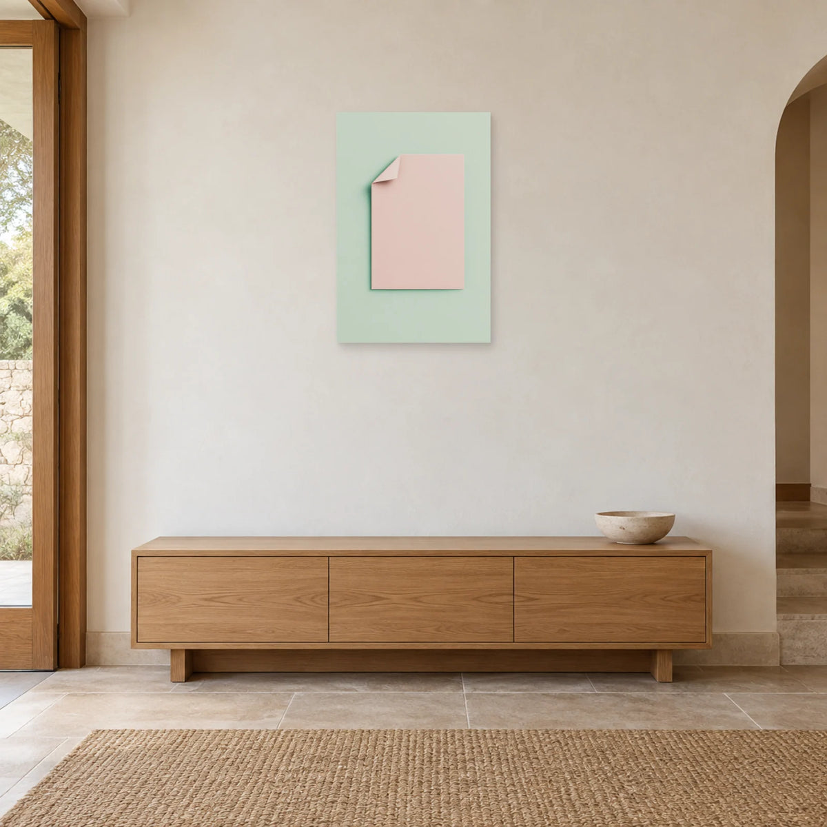 Affiche minimaliste - Pli de papier rose et menthe dans une entrée ou un couloir - Art Virtuoso