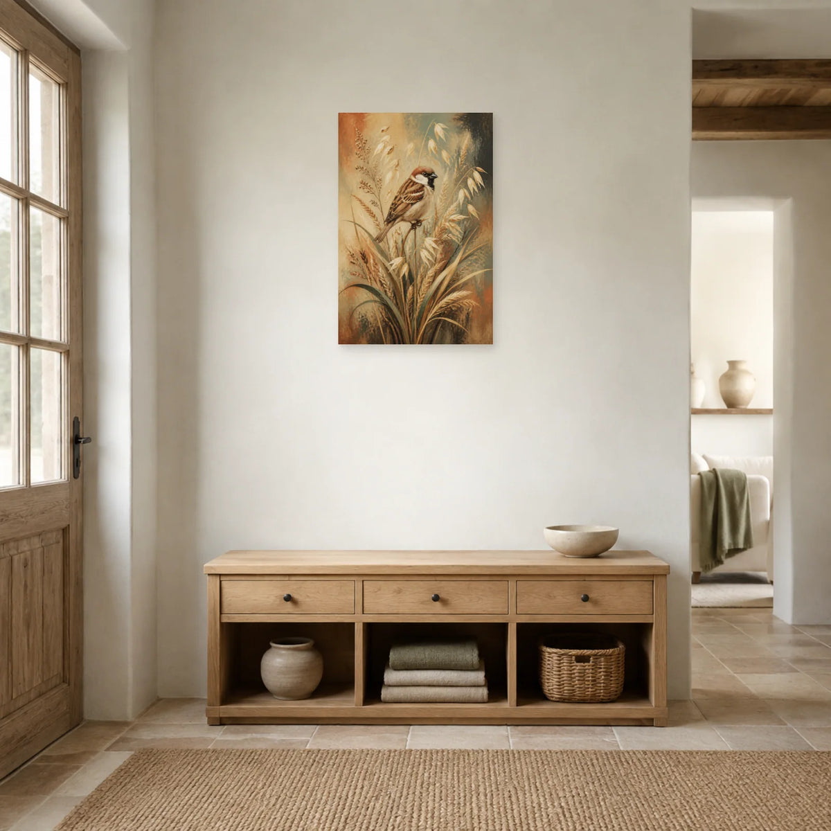 Affiche Moineau domestique et graminées sauvages dans une entrée ou un couloir - Art Virtuoso