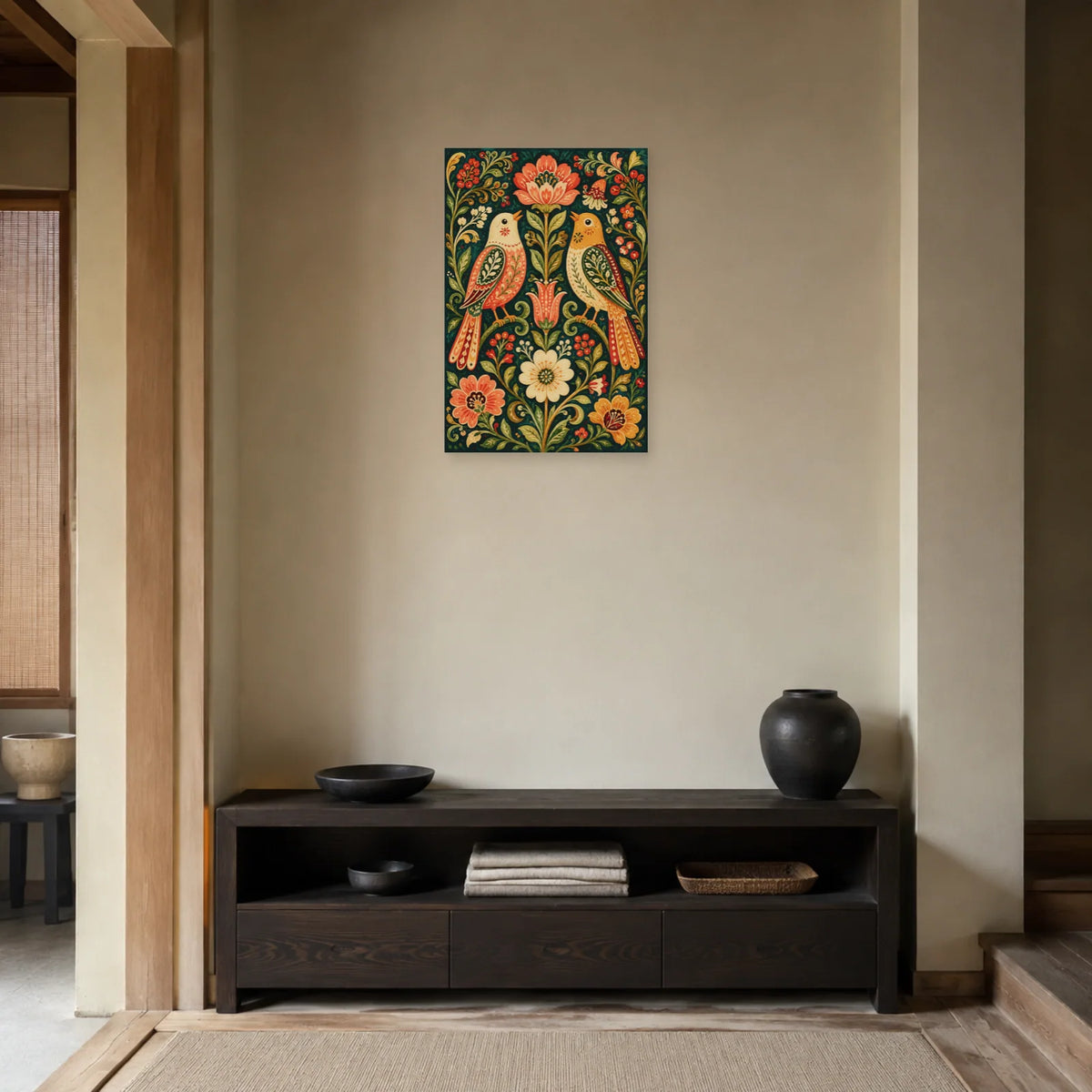 Affiche Oiseaux d’amour folk dans une entrée ou un couloir - Art Virtuoso