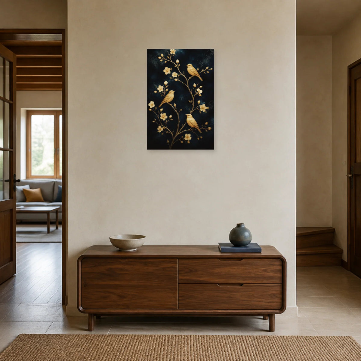 Affiche Oiseaux dorés sur branches bleu nuit dans une entrée ou un couloir - Art Virtuoso