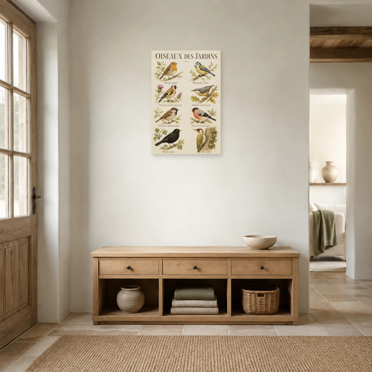 Affiche Oiseaux des jardins - Planche naturaliste dans une entrée ou un couloir - Art Virtuoso