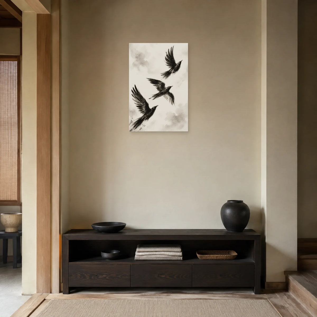 Affiche Oiseaux en vol noir et blanc dans une entrée ou un couloir - Art Virtuoso