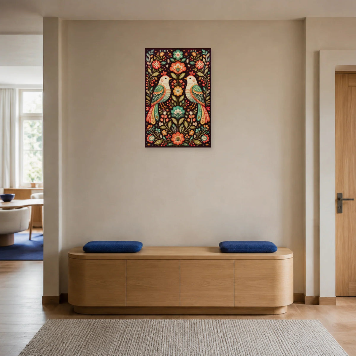 Affiche Oiseaux stylisés folk dans une entrée ou un couloir - Art Virtuoso
