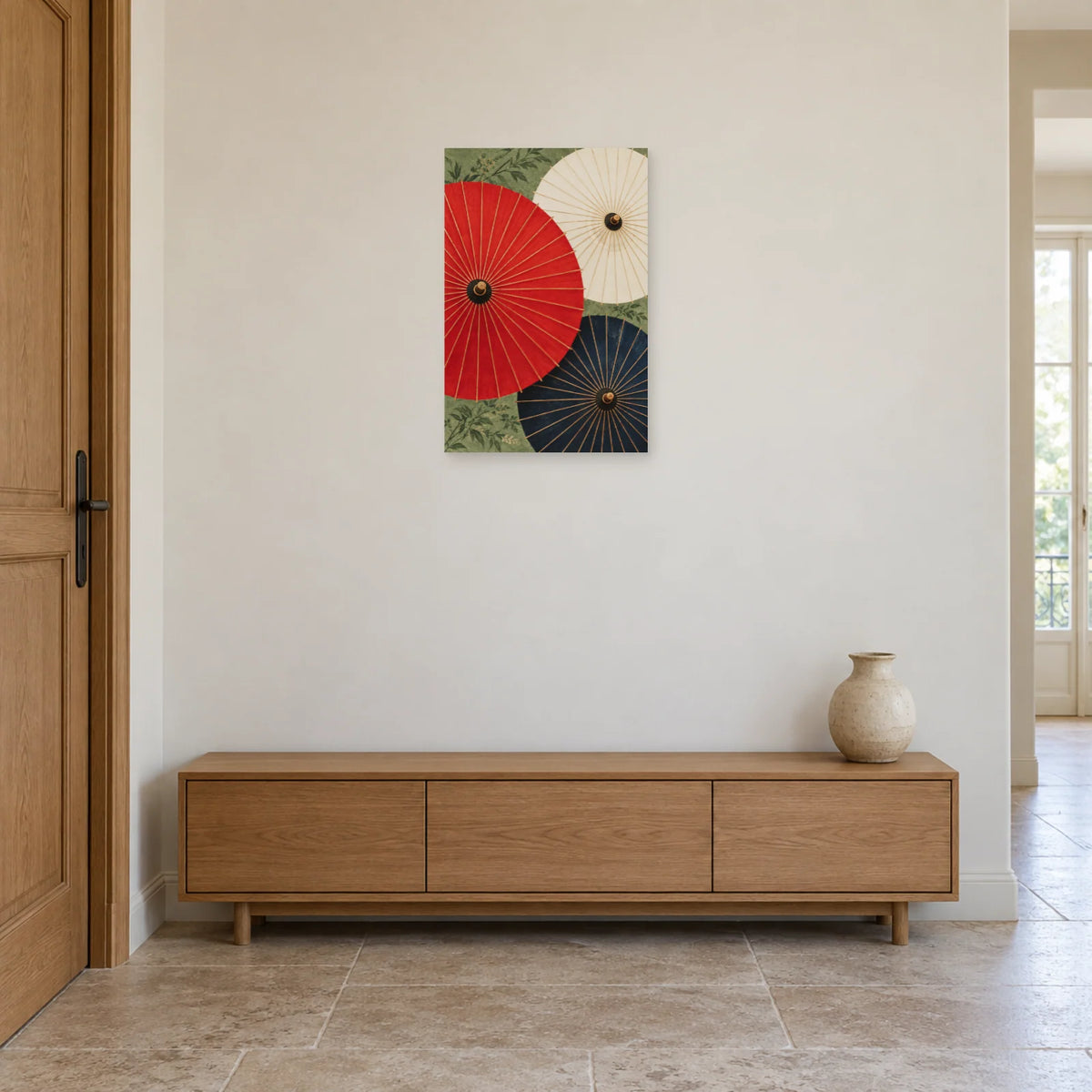 Affiche Ombrelles japonaises - Rouge et indigo dans une entrée ou un couloir - Art Virtuoso
