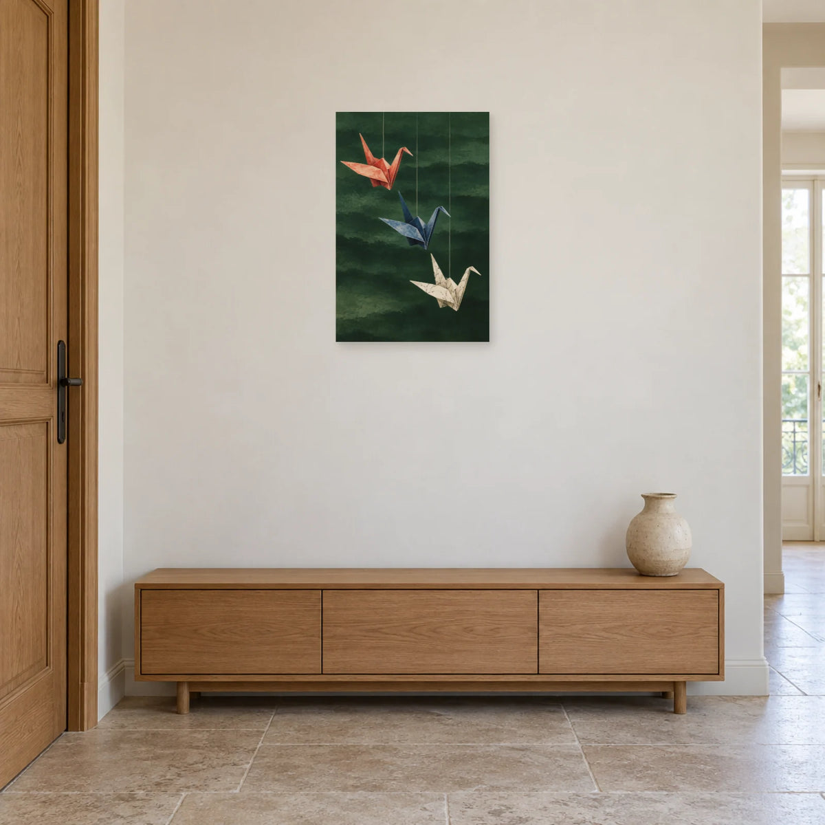 Affiche Origami - Trois grues de papier dans une entrée ou un couloir - Art Virtuoso