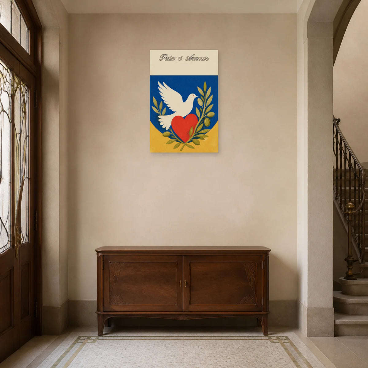 Affiche Paix & amour - Symboles graphiques dans une entrée ou un couloir - Art Virtuoso