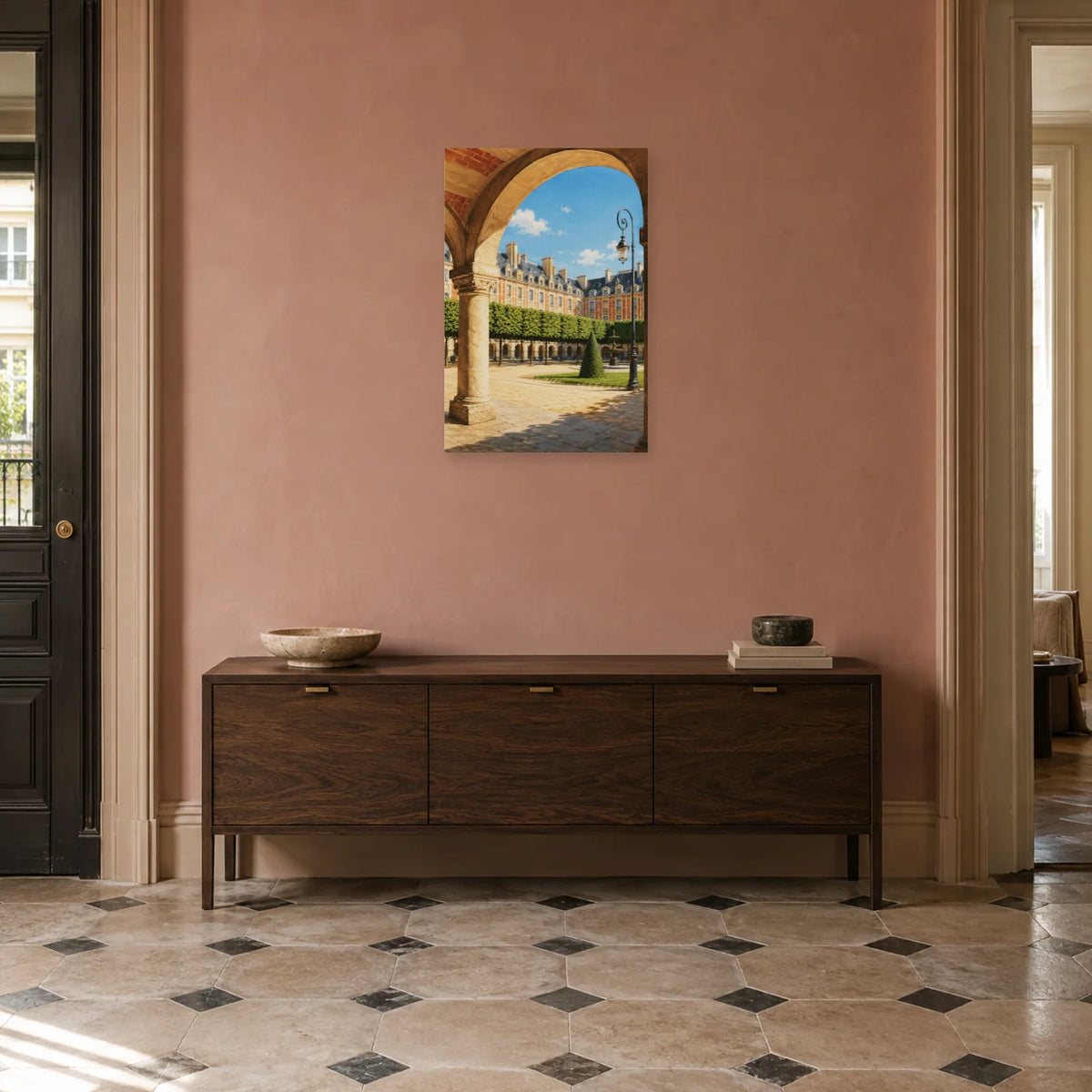 Affiche Place des Vosges - Arcades d’été dans une entrée ou un couloir - Art Virtuoso