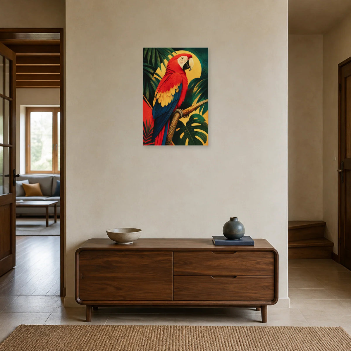 Affiche Ara rouge tropical vintage dans une entrée ou un couloir - Art Virtuoso