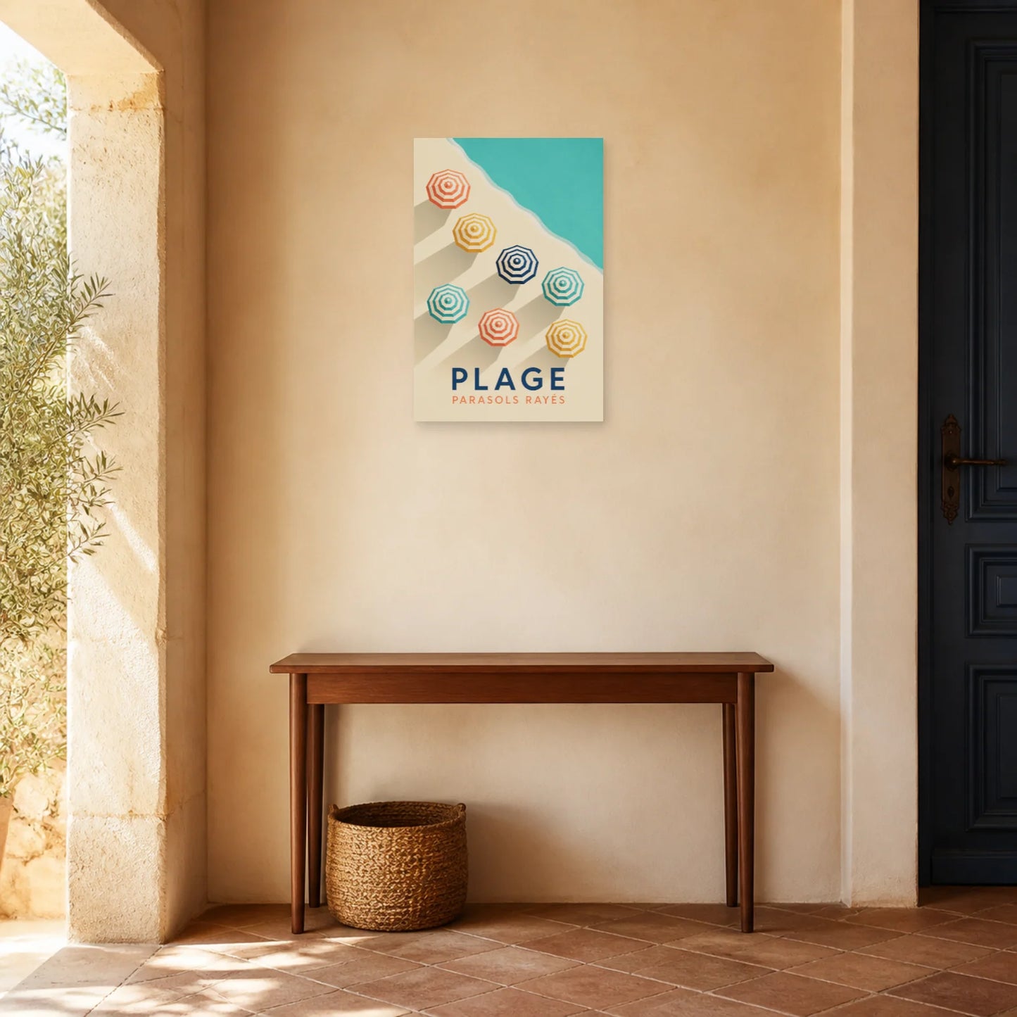 Affiche Plage – Parasols Rayés dans une entrée ou un couloir - Art Virtuoso