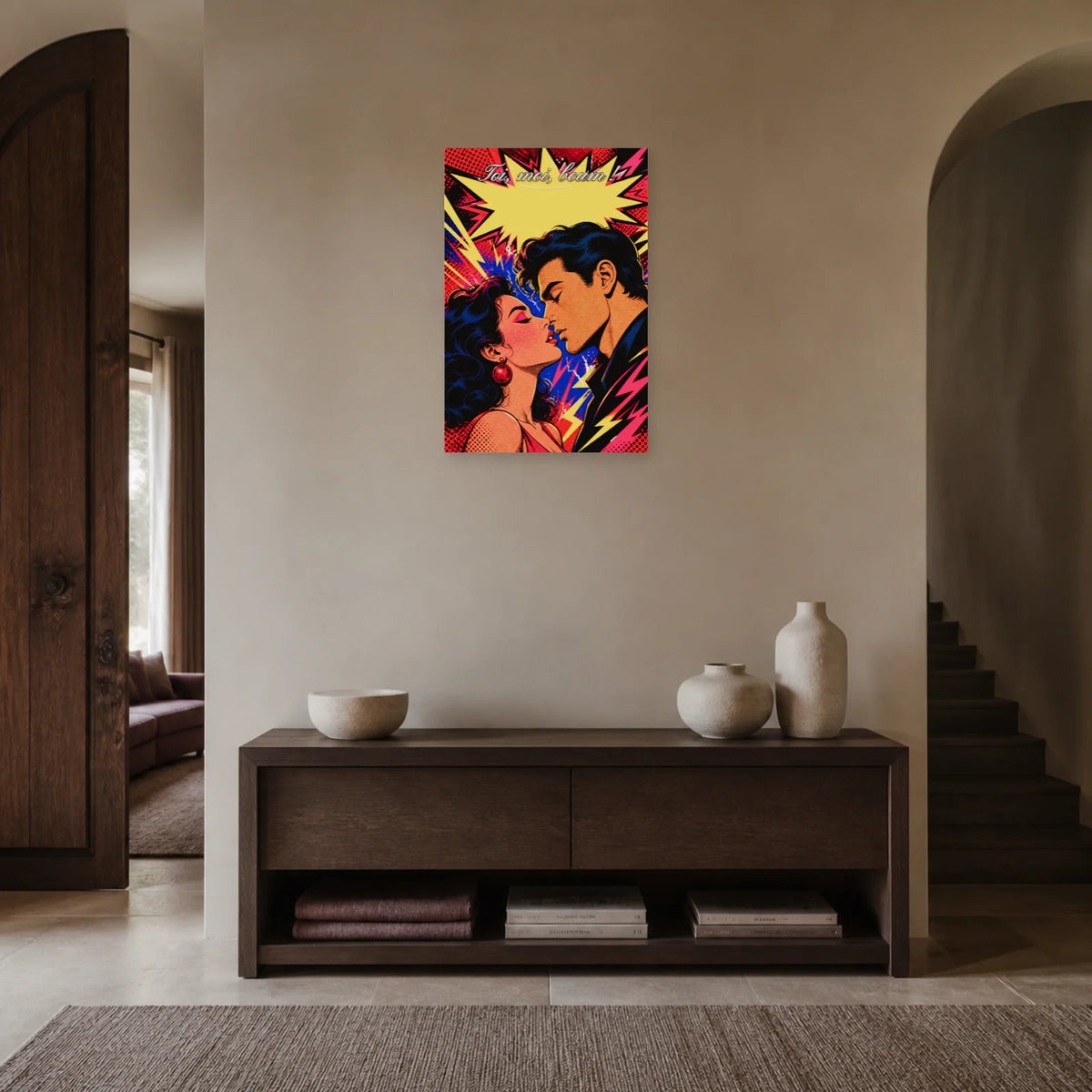 Affiche Toi, moi, boum ! - Couple pop art dans une entrée ou un couloir - Art Virtuoso