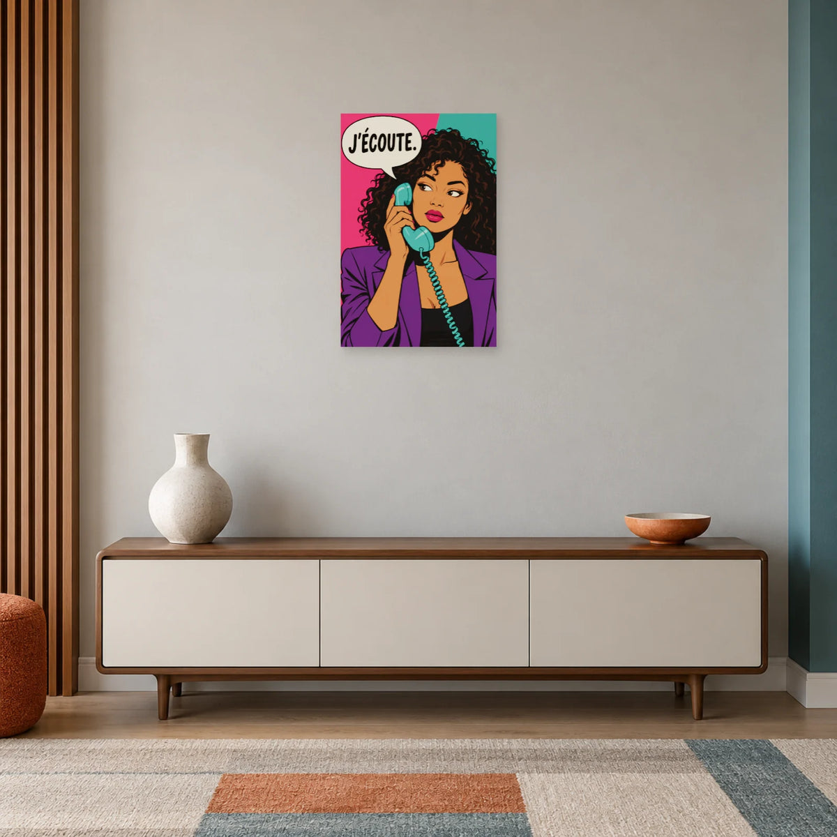 Affiche Pop art Femme au téléphone j'écoute dans une entrée ou un couloir - Art Virtuoso