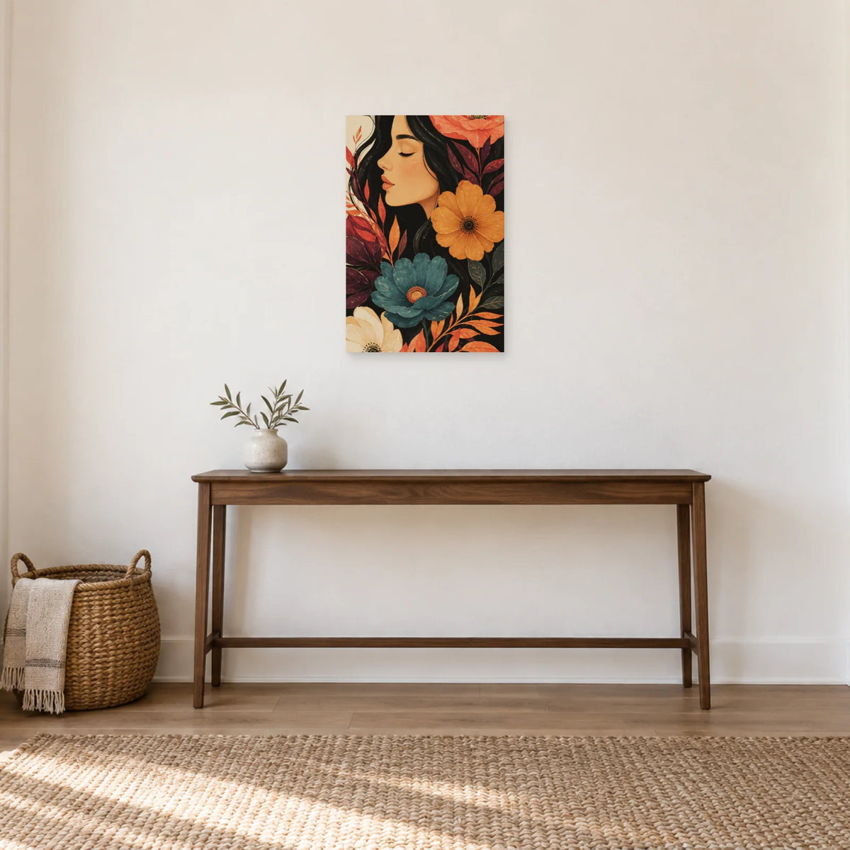 Affiche Portrait de femme bohème aux fleurs dans une entrée ou un couloir - Art Virtuoso