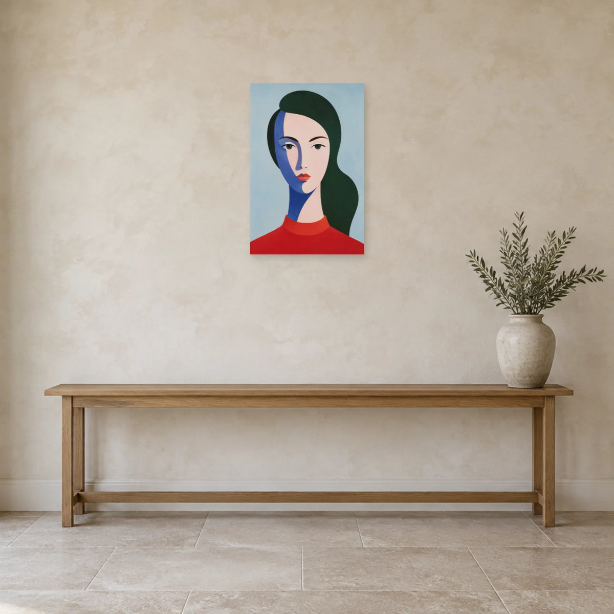 Affiche Portrait géométrique, équilibre cobalt dans une entrée ou un couloir - Art Virtuoso