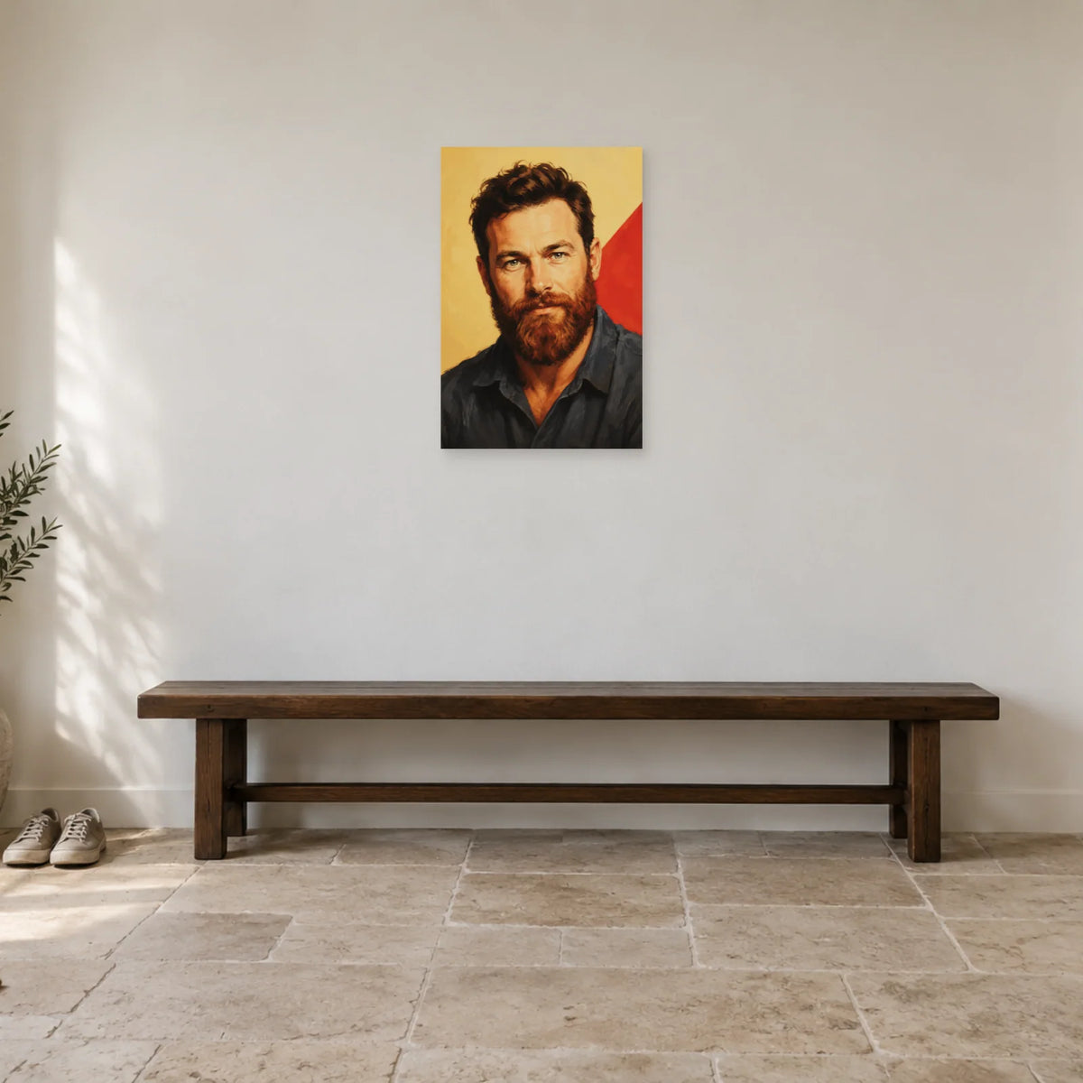 Affiche Homme barbu, regard franc dans une entrée ou un couloir - Art Virtuoso