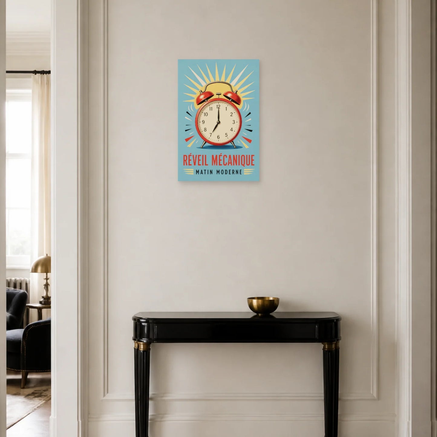 Affiche Réveil Mécanique – Matin Moderne dans une entrée ou un couloir - Art Virtuoso