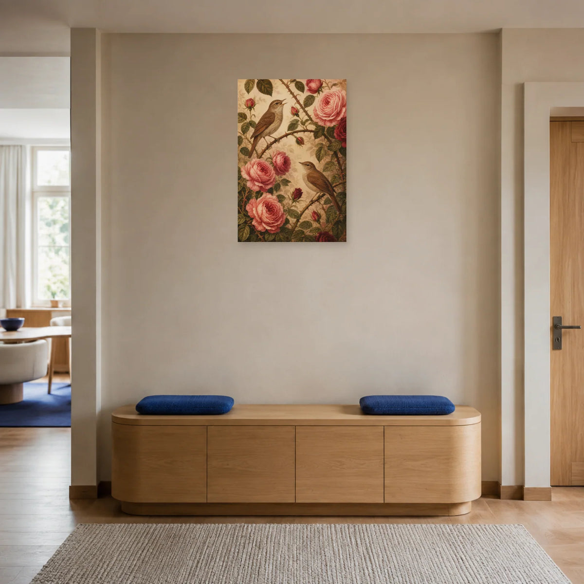 Affiche Rossignols parmi les roses dans une entrée ou un couloir - Art Virtuoso