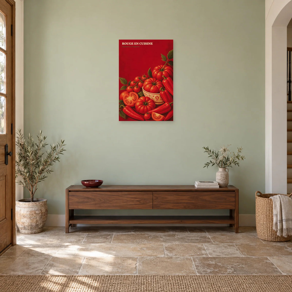 Affiche Rouge en Cuisine – Tomates & Piments dans une entrée ou un couloir - Art Virtuoso