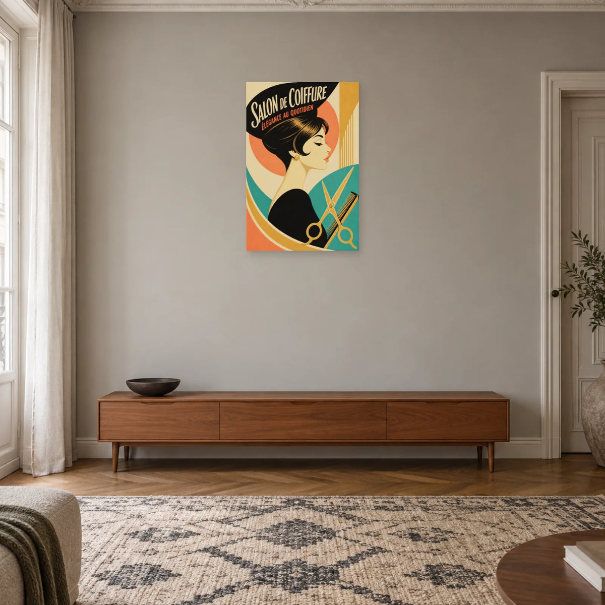 Affiche Salon de Coiffure – Élégance au Quotidien dans une entrée ou un couloir - Art Virtuoso