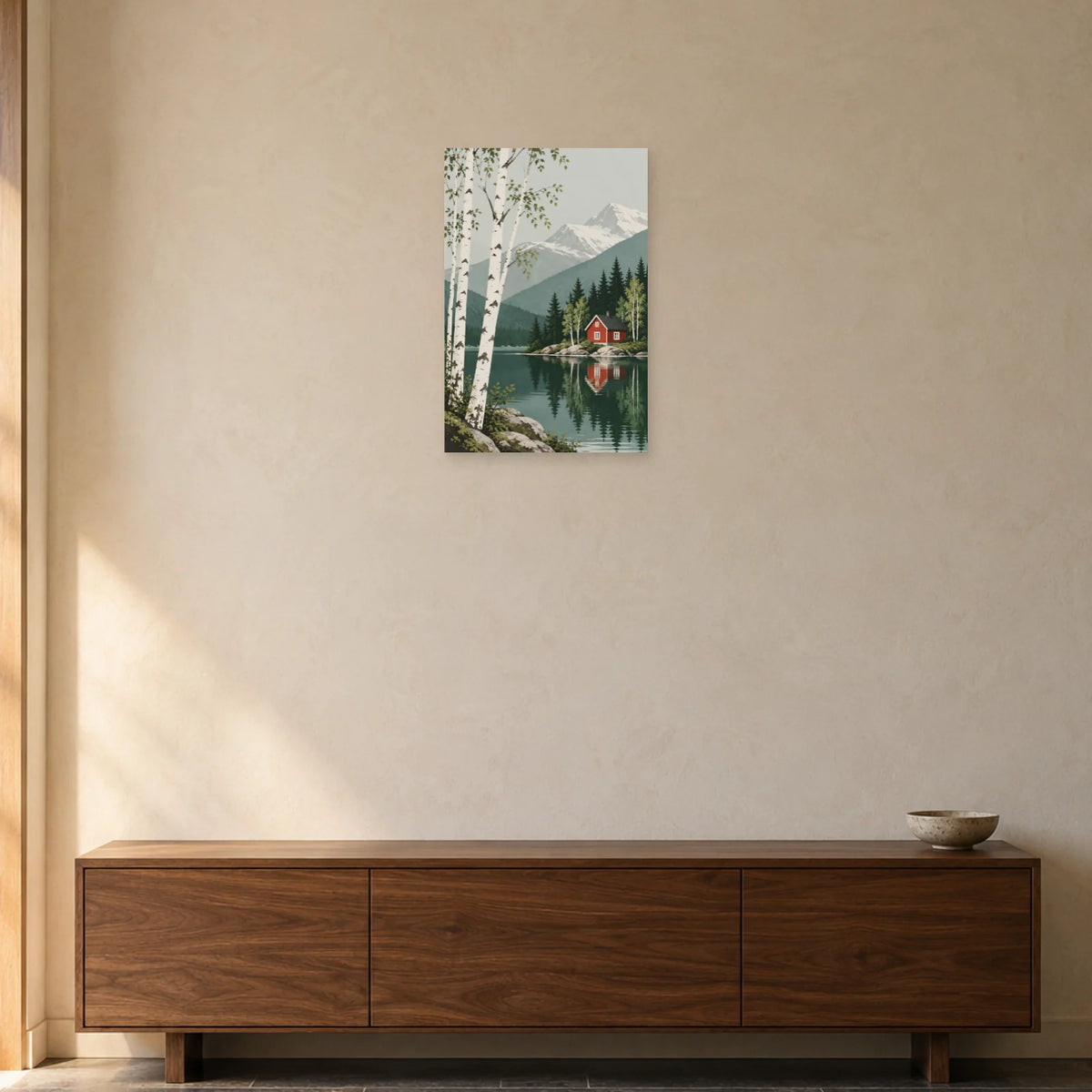 Affiche scandinave Cabane rouge et bouleaux dans une entrée ou un couloir - Art Virtuoso