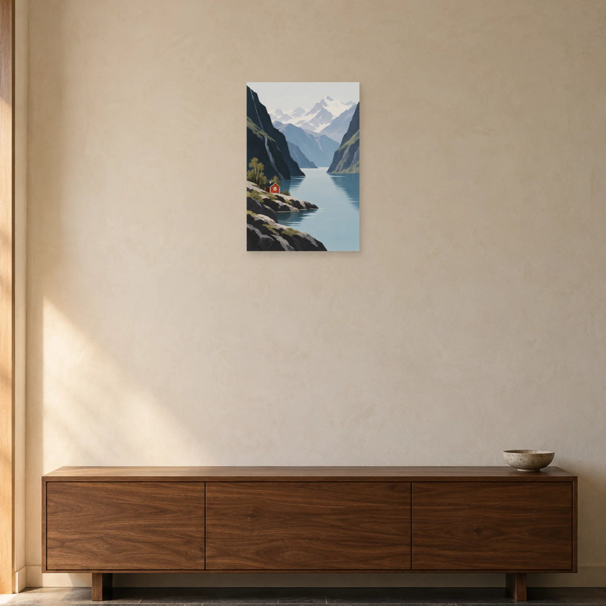 Affiche scandinave Fjord en strates bleues dans une entrée ou un couloir - Art Virtuoso