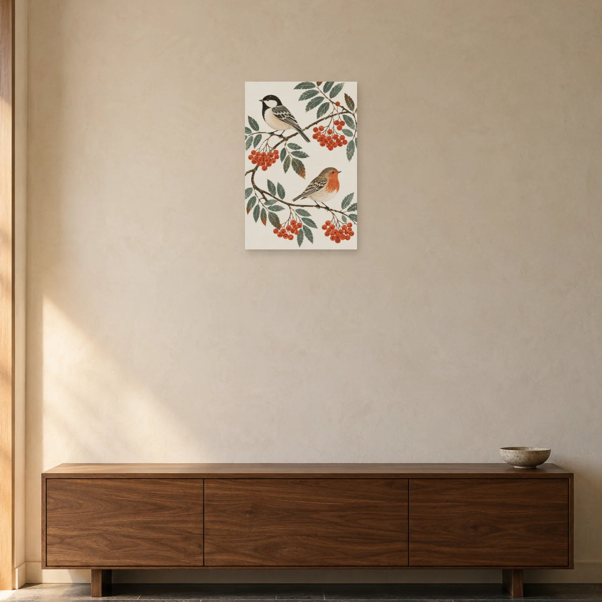 Affiche scandinave Oiseaux folk et baies de sorbier dans une entrée ou un couloir - Art Virtuoso