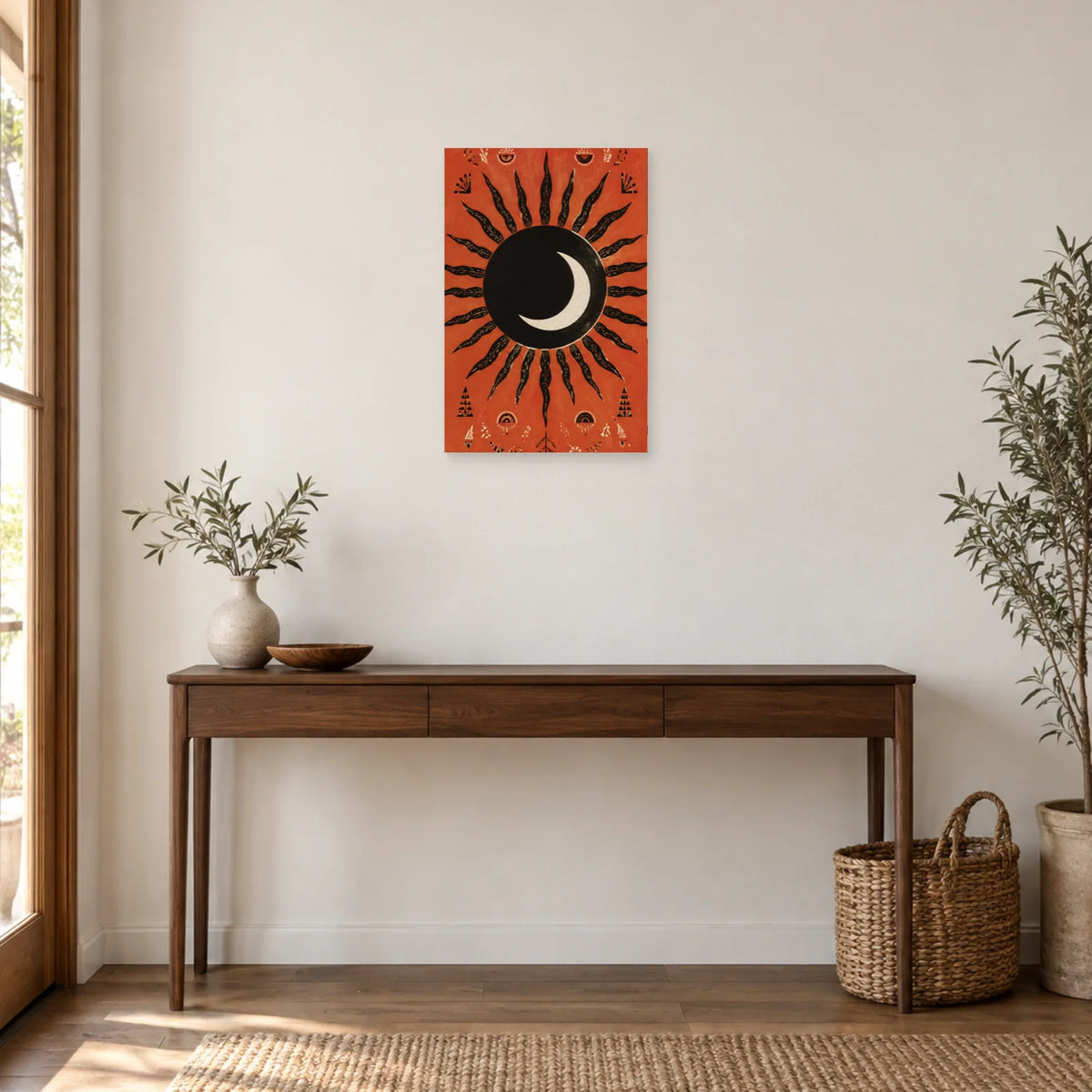 Affiche Soleil bohème noir et ivoire dans une entrée ou un couloir - Art Virtuoso