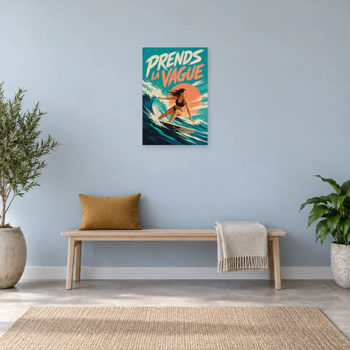 Affiche surfeuse – Prends la vague dans une entrée ou un couloir - Art Virtuoso