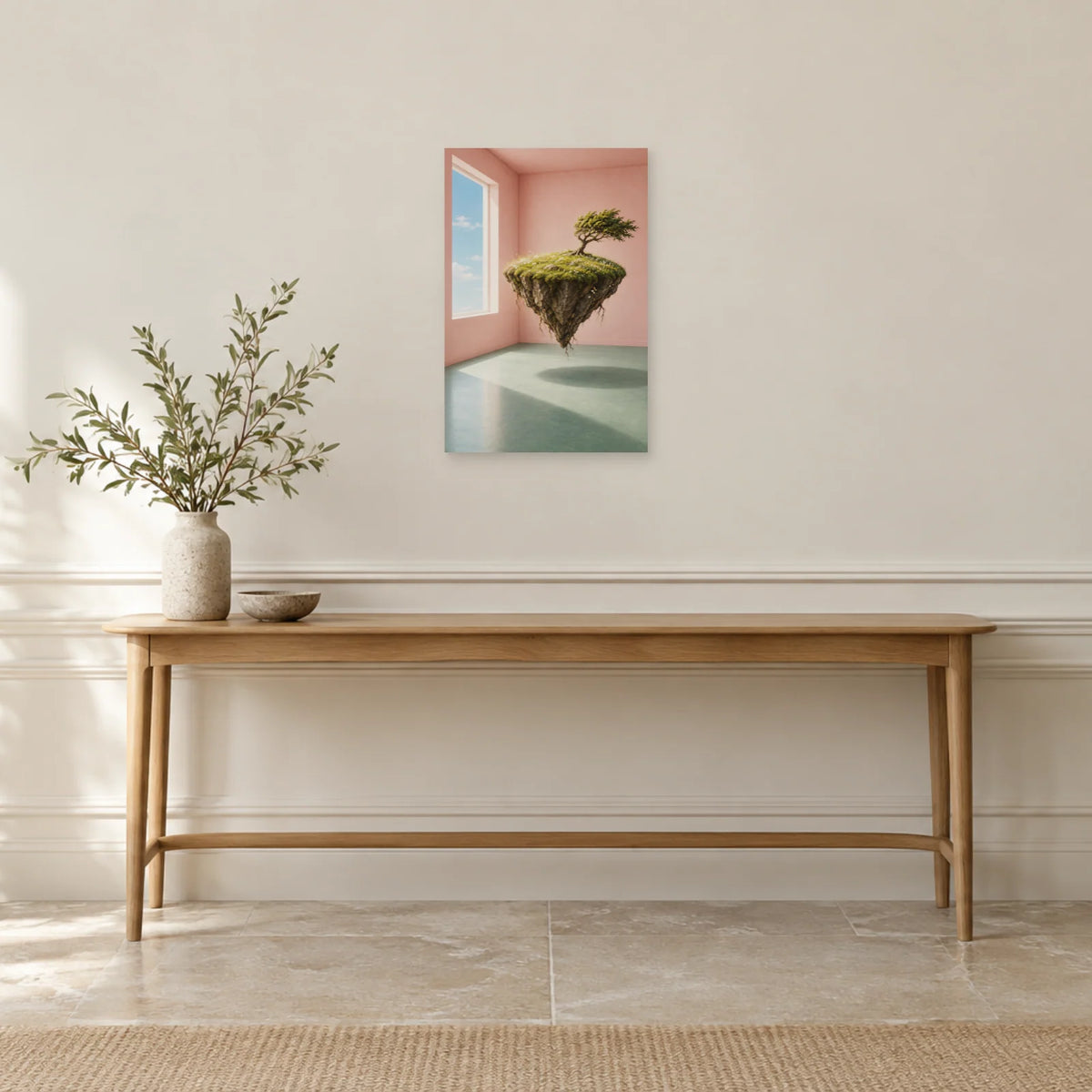 Affiche surréaliste île suspendue dans la chambre dans une entrée ou un couloir - Art Virtuoso
