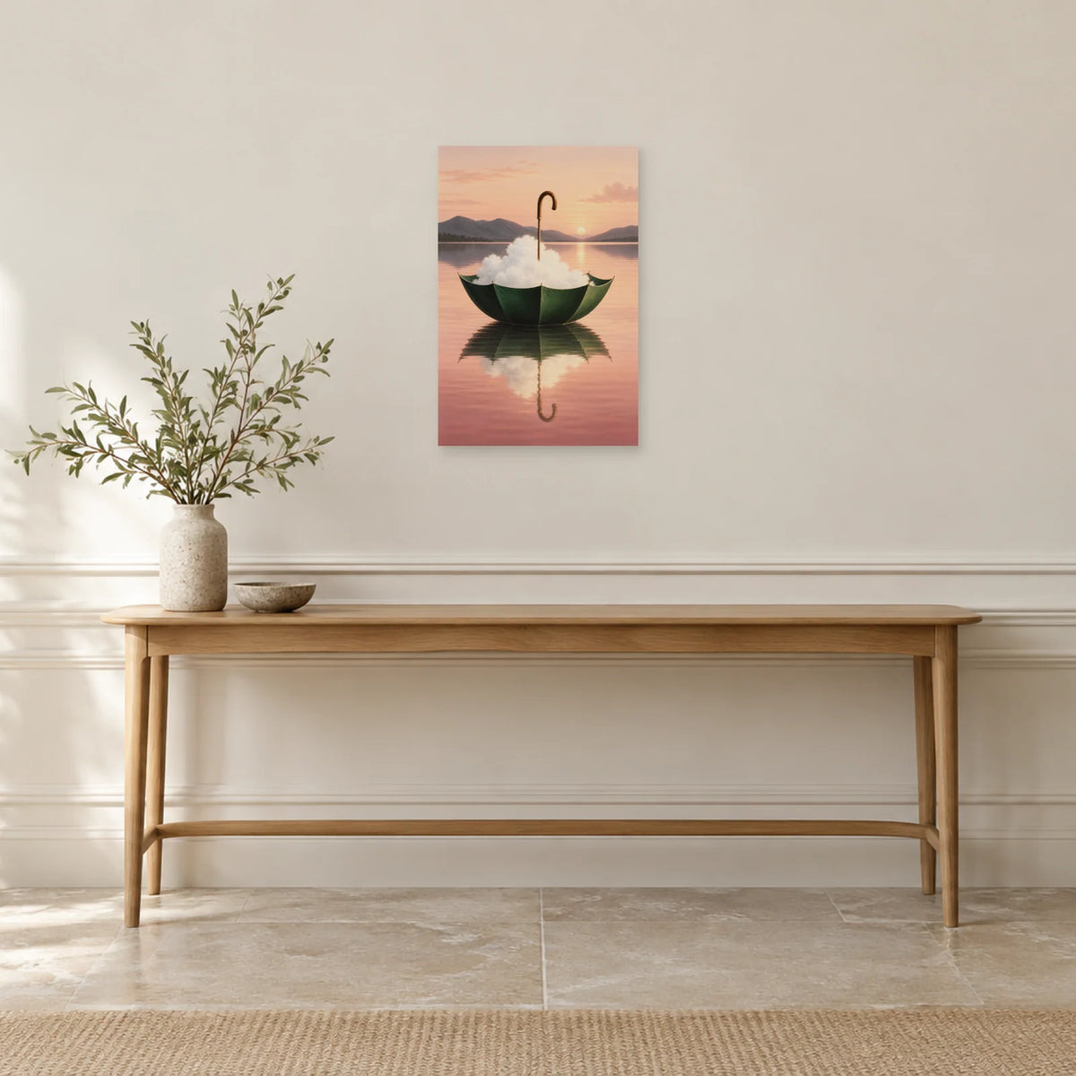 Affiche surréaliste parapluie recueillant un nuage dans une entrée ou un couloir - Art Virtuoso