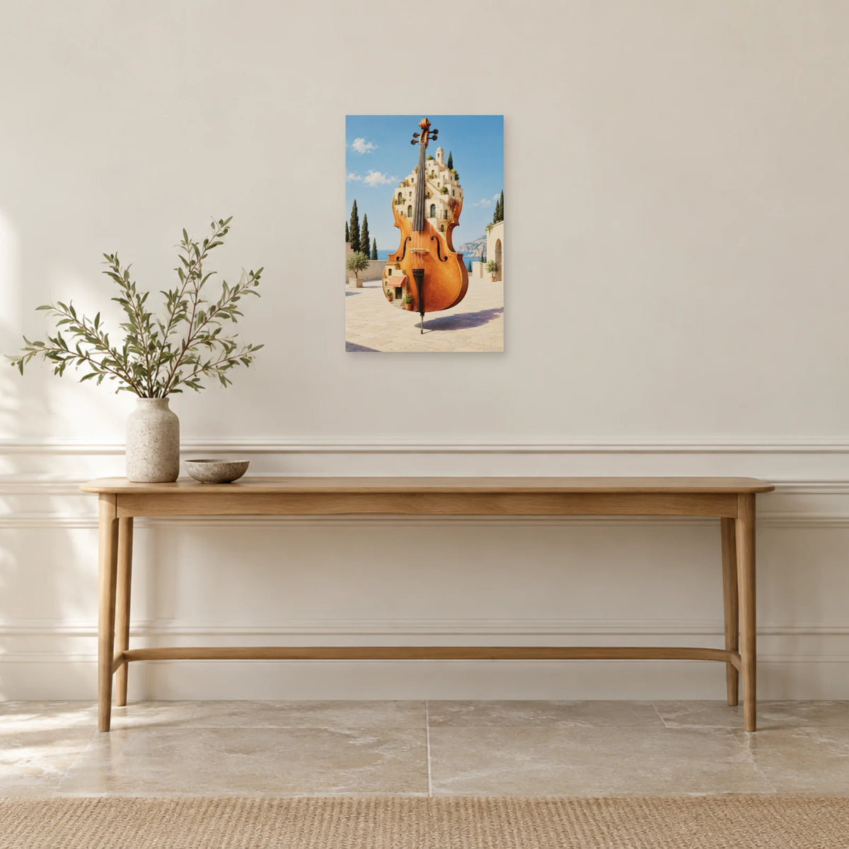 Affiche surréaliste violoncelle devenu ville dans une entrée ou un couloir - Art Virtuoso