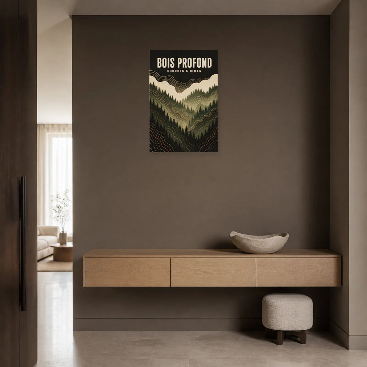 Affiche Bois profond – Courbes et cimes dans une entrée ou un couloir - Art Virtuoso