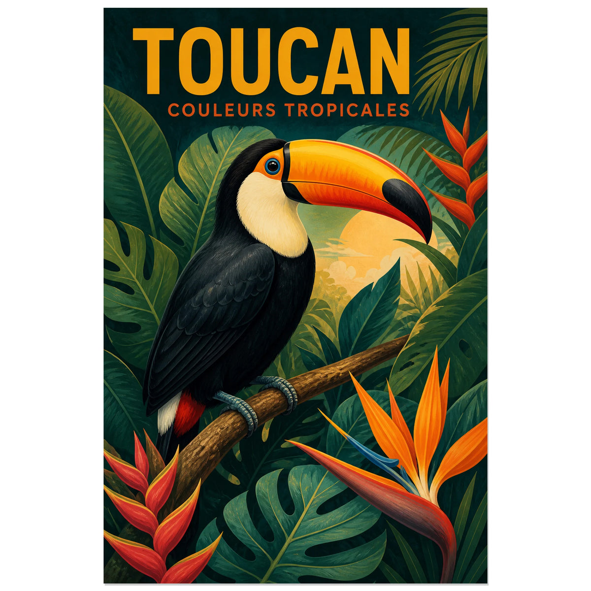 Affiche Toucan – Couleurs tropicales, illustration tropicale adulte en gouache et aplats imprimés verticale, format 60 × 90 cm