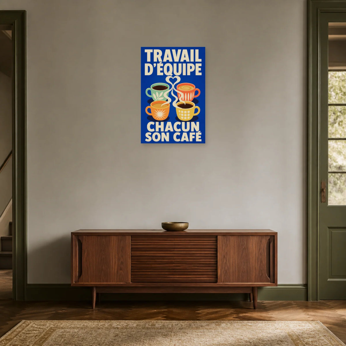 Affiche Travail d’équipe – Chacun son café dans une entrée ou un couloir - Art Virtuoso