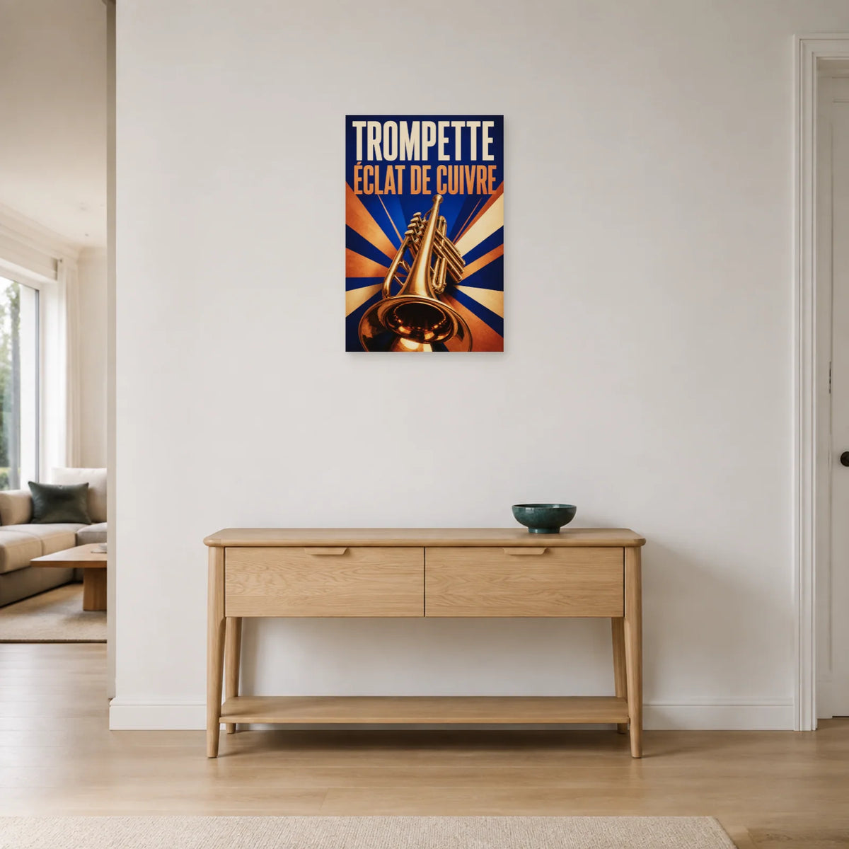 Affiche Trompette – Éclat de cuivre dans une entrée ou un couloir - Art Virtuoso