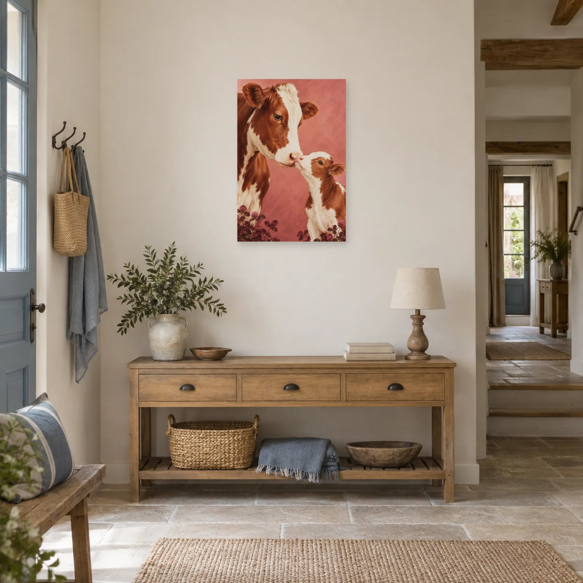 Affiche Vache et veau - Tendresse normande dans une entrée ou un couloir - Art Virtuoso