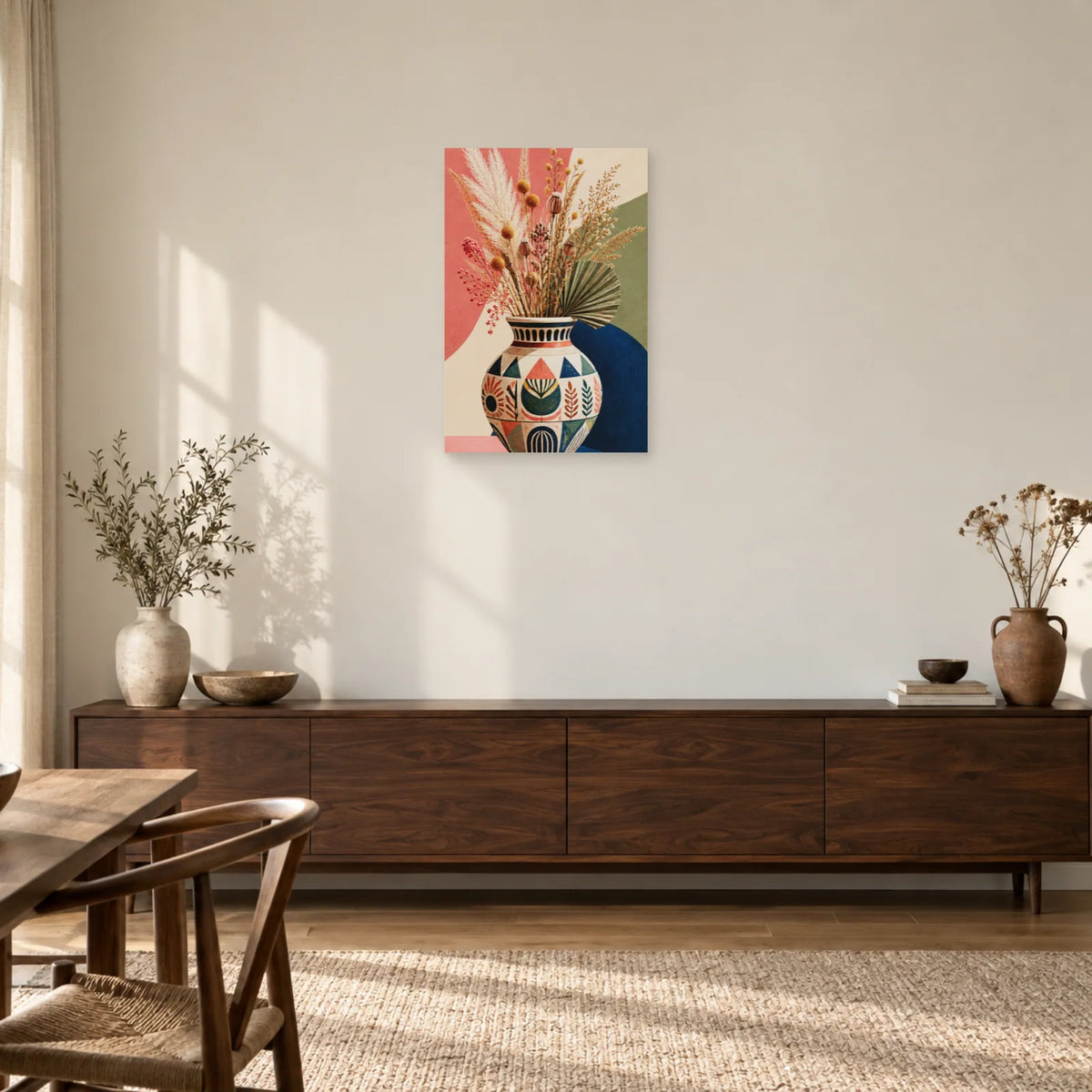 Affiche Vase bohème aux fleurs séchées dans une entrée ou un couloir - Art Virtuoso