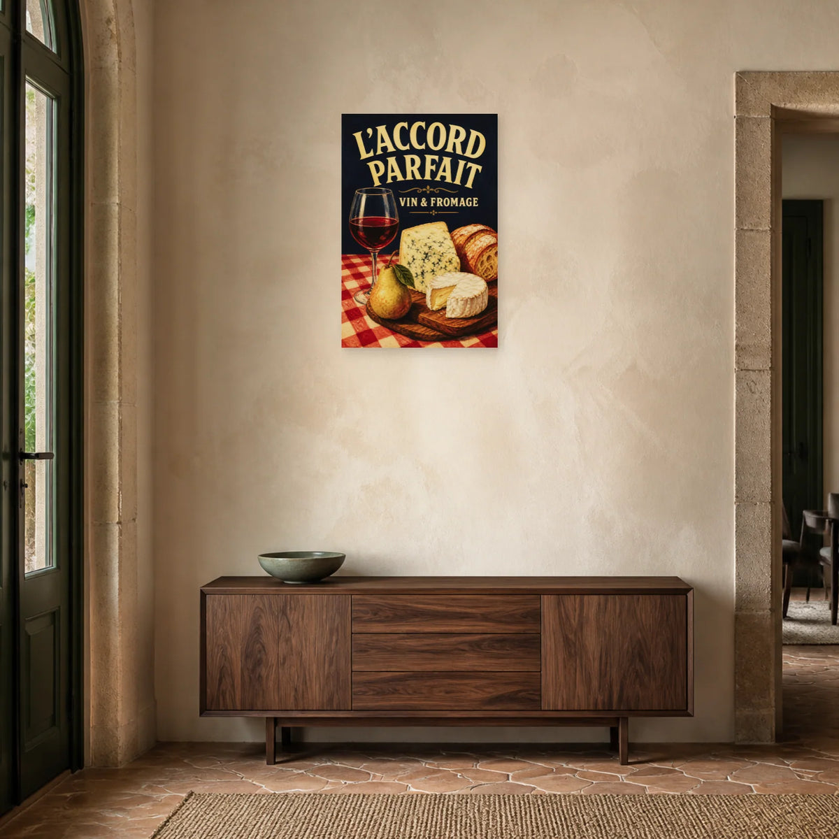 Affiche Vin et fromage, accord parfait dans une entrée ou un couloir - Art Virtuoso